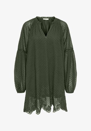 Mørkegrøn gennemsigtig bluse med strukturerede polkaprikker, rynket halsudskæring, lange pufærmer og blomsterblondekant nederst.