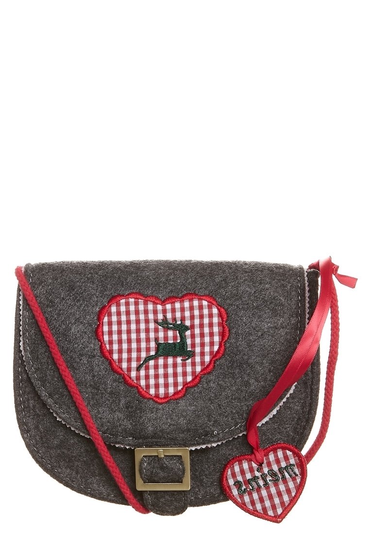 Harmaa olkalaukku punaisilla yksityiskohdilla, sydämen muotoinen pata, jossa on ruutukuosi ja vihreä brodeerattu hirvi, kullattu metalliosastot.