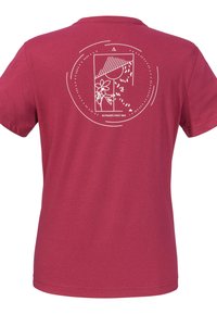 Bordeauxrotes Baumwoll-T-Shirt mit einem weißen Grafikdesign auf der Rückseite, das ein florales Muster innerhalb eines geometrischen Rahmens und kreisförmigen Akzenten zeigt.