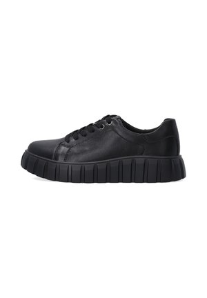 Black leather sneaker with a rounded toe, round laces, and a thick, textured rubber sole featuring horizontal grooves.