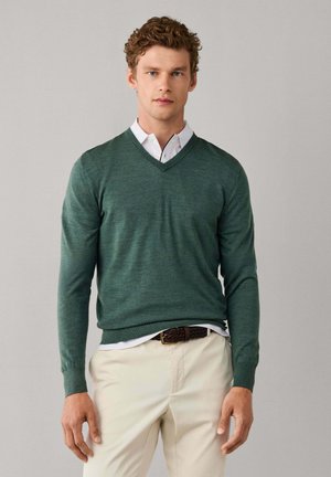 Man met krullend haar die een groene V-hals trui draagt over een wit overhemd en beige broek, staand tegen een effen lichte achtergrond.