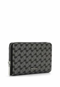 Zippered wallet in grey with a geometric pattern. Textured surface, silver hardware, and a small logo on the front. Compact rectangular shape.
