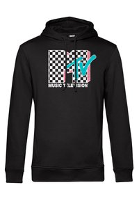 Felpa nera con design a scacchi e un logo "MTV" colorato. Include un cappuccio con stringhe e polsini a coste.