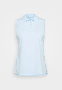 Ärmlös ljusblå pikétröja med treknapps-påslutning och nedvikt krage, visad på en vit bakgrund.