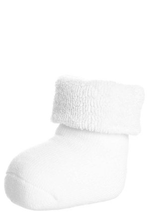 Weißer Babysocke aus weichem, flauschigem Stoff. Verfügt über einen dicken, gerippten Saum oben und einen glatten Fußbereich mit abgerundeter Zehe.