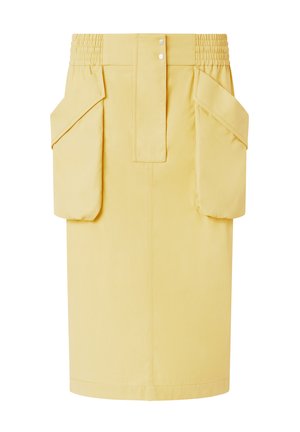 Žuta suknja napravljena od glatkog materijala, s visokim elastičnim pojasom, dva velika bočna džepa i ravnim krojem.
