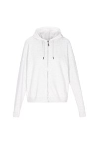 Lichtgrijze ritskatoenen hoodie gemaakt van een zachte katoenmix. Heeft een ruime capuchon, trekkoorden en geribbelde manchetten. Ontspannen pasvorm.