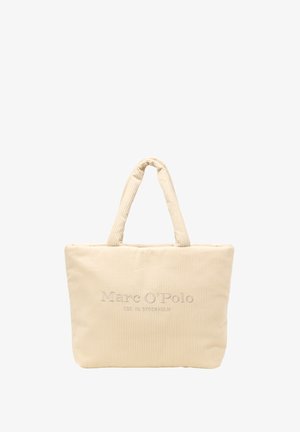 Kremowa torebka z korduroy z dwoma krótkimi uchwytami, z subtelnymi pionowymi paskami i wytłoczonym logo "Marc O'Polo" z przodu.