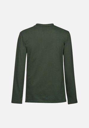 Maglietta a maniche lunghe di colore verde scuro, realizzata in un tessuto morbido, dotata di un collo rotondo e un design pulito e semplice, privo di decorazioni.