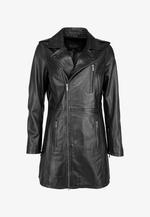 Mustat nahkamoottoripyöräliivit, joissa on viiltojäykkä kaulus, epäsymmetrinen vetoketju ja kaksi etupuolella olevaa vetoketjullista taskua. Pitkät hihat ja istuva malli.