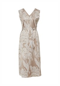 Beżowa sukienka bez rękawów z dekoltem w serek, zdobiona białym wzorem liści, z talią ściągniętą pasującym paskiem, długość do kolan.