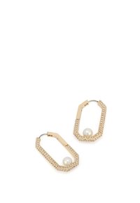 Orecchini a cerchio in tonalità oro con forma ottagonale, caratterizzati da un accento di perla e pietre di strass trasparenti lungo il bordo per un tocco di dettaglio in più.