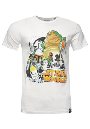 White cotton t-shirt featuring a colorful Star Wars graphic with characters, including Boba Fett and Jabba the Hutt, and bold text.