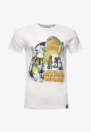 T-shirt bianca in cotone con una grafica colorata di Star Wars che presenta personaggi come Boba Fett e Jabba the Hutt, accompagnati da testo in grassetto.
