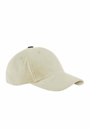 Hellbeige Cord-Baseballkappe mit gebogenem Schirm und verstellbarem Riemen hinten vor weißem Hintergrund.