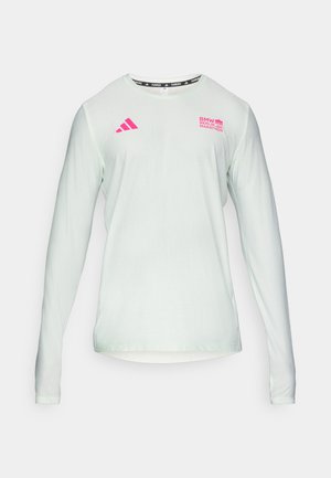 Long-sleeve light mint green running shirt with pink Adidas logo and BMW Berlin Marathon text on chest, crew neck collar.