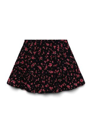Czarna mini spódnica warstwowa z drobnym różowym kwiatowym wzorem i elastyczną talią, rozkloszowany fason.