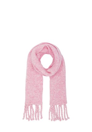 Roze gebreide sjaal met een zachte textuur, voorzien van een ribbelpatroon en franjes aan de uiteinden, netjes in een lus gerangschikt.