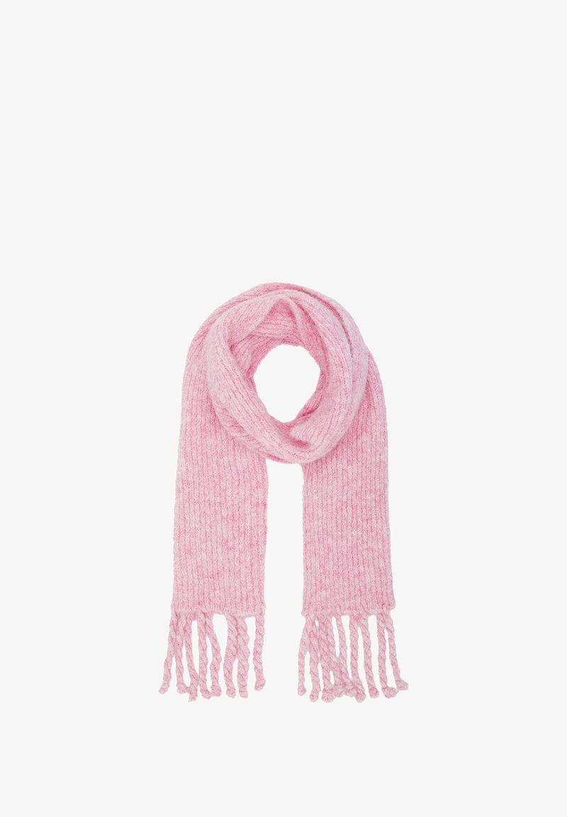 Scialle rosa lavorato a maglia con una texture morbida, caratterizzato da un design a coste e frange alle estremità, disposto ordinatamente a forma di anello.