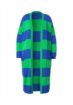 Grøn- og blåstribet cardigan med åben front, korte ærmer og to frontlommer. Fremstillet af struktureret strikmateriale.