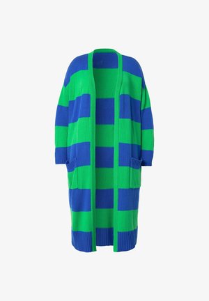 Zielono-niebieski kardigan w paski z otwartym przodem, krótkimi rękawami i dwiema przednimi kieszeniami. Wykonany z teksturowanego dzianinowego materiału.