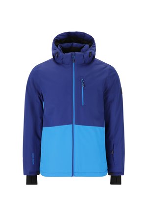 Wasserfeste Jacke in Blau und dunklerem Blau mit einer Reißverschlusstasche auf der Brust, verstellbare Kapuze und schwarzen Bündchen; zeichnet sich durch kontrastierende Farben und ein elegantes Design aus.