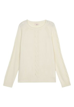 Suéter de punto crema con mangas largas que presenta patrones de trenzado a lo largo de los brazos y un cuello y dobladillo acanalados. Textura suave, corte relajado.