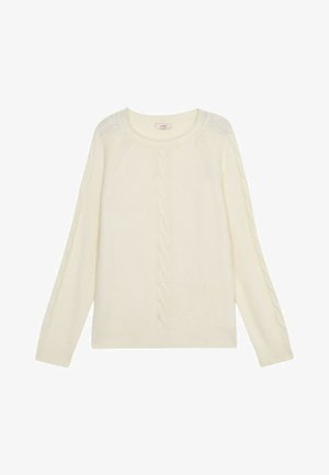 Cremfarbener Strickpullover mit langen Ärmeln, der über Kabelmuster an den Armen sowie einem gerippten Halsausschnitt und Saum verfügt. Weicher Stoff, lockere Passform.