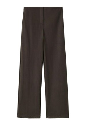 Pantalon taille haute à jambes larges de couleur marron foncé, réalisé en tissu lisse, avec une couture avant dissimulée et un design épuré et minimaliste.
