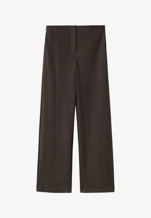 Pantalon taille haute à jambes larges de couleur marron foncé, réalisé en tissu lisse, avec une couture avant dissimulée et un design épuré et minimaliste.
