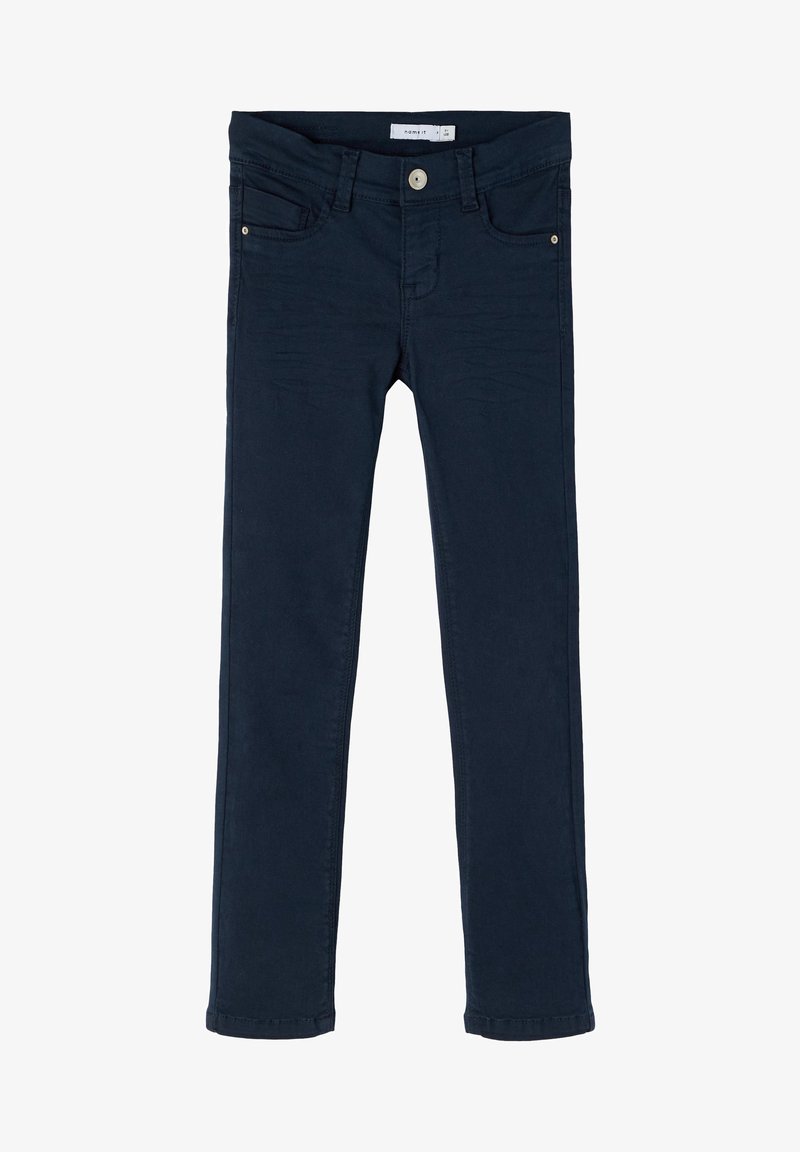 Pantalon slim bleu marine avec bouton avant, fermeture éclair et design à cinq poches, posé à plat sur fond blanc.