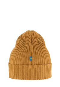 Knit yellow beanie with a ribbed texture and folded cuff, featuring a small blue and yellow Swedish flag accent on the front.