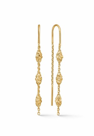 Złote wiszące kolczyki łańcuszkowe z trzema teksturowanymi, w kształcie bryłek koralikami równomiernie rozmieszczonymi na każdej łańcuszku.