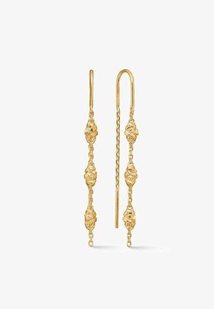 Boucles d’oreilles pendantes en chaîne dorée avec trois perles texturées en forme de pépite, espacées uniformément le long de chaque chaîne.