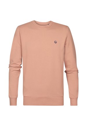 Hellrosa Sweatshirt mit langen Ärmeln, Rundhalsausschnitt und einem kleinen, runden Logo auf der linken Brust. Hergestellt aus weichem Baumwollmischgewebe.