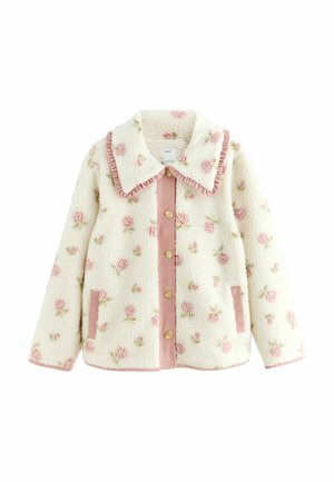 Fleece jacket in white with pink floral embroidery, corduroy accents, and a large collar. Features button front and two side pockets.