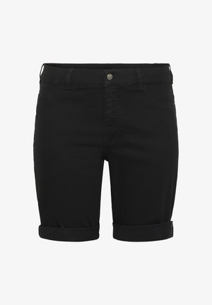 Juoda džinsinio audinio šortai su sukamu hemu, turintys priekiniai kišenes, mygtuko užsegimą ir lygų, matinį paviršių.