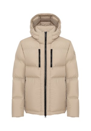 Beige gewatteerd winterjack met aangehechte capuchon, centrale zwarte ritssluiting en twee verticale zwarte ritssluiting borstzakken, frontaal weergegeven.