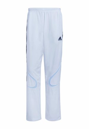 Pantalon de sport bleu clair avec bandes latérales noires, taille élastique et accents de design courbés bleu clair sur les jambes extérieures. Fabriqué en tissu respirant.