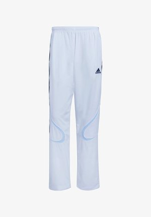 Pantalon de sport bleu clair avec bandes latérales noires, taille élastique et accents de design courbés bleu clair sur les jambes extérieures. Fabriqué en tissu respirant.