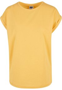 T-shirt jaune à manches courtes avec col rond et manches retroussées, étiquette Urban Classics, taille XS, en tissu uni.