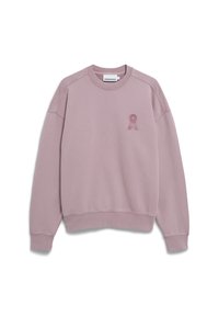 Sweat-shirt rose avec un col rond, des manches raglan et un petit logo "A" en relief sur la poitrine gauche. Texture lisse et poignets côtelés.