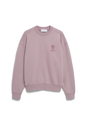 Sweat-shirt rose avec un col rond, des manches raglan et un petit logo "A" en relief sur la poitrine gauche. Texture lisse et poignets côtelés.