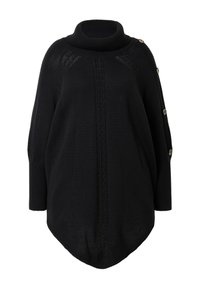 Pull noir en tricot avec un col haut à côtes, motif en tricot torsadé à l'avant et trois boutons décoratifs d'un côté.