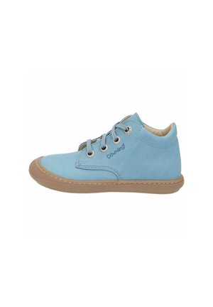 Light blue leather toddler shoe with beige sole, three pairs of metal eyelets, gray laces, and Däumling logo on side.