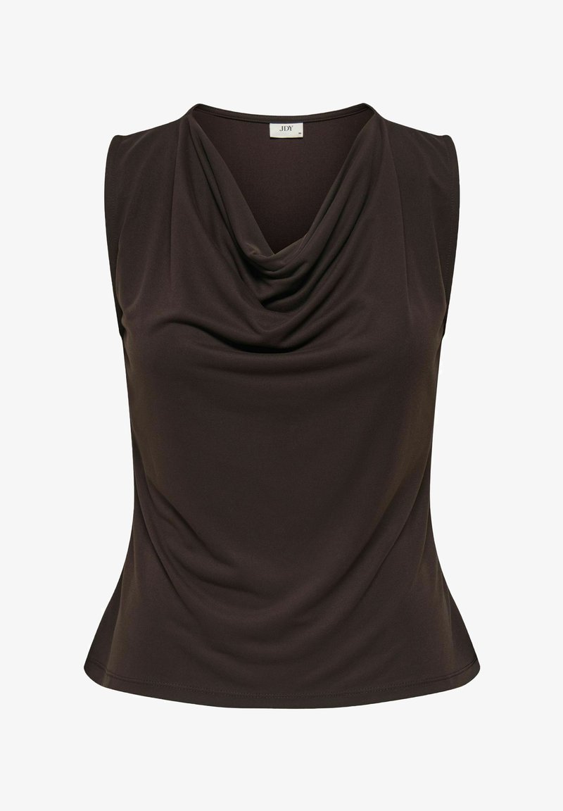 Haut sans manches marron foncé pour femme avec encolure drapée et taille ajustée, confectionné dans un tissu lisse.