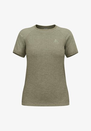 Olive green short-sleeve shirt with a textured, patterned fabric. Features a round neckline and contrasting darker trim around sleeves.