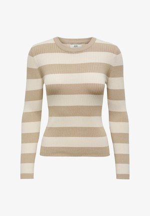 Jasno beżowy sweter z prążkowanej tkaniny z ciemno beżowymi poziomymi paskami, długimi rękawami i okrągłym dekoltem. Gładka tekstura, dopasowany krój.