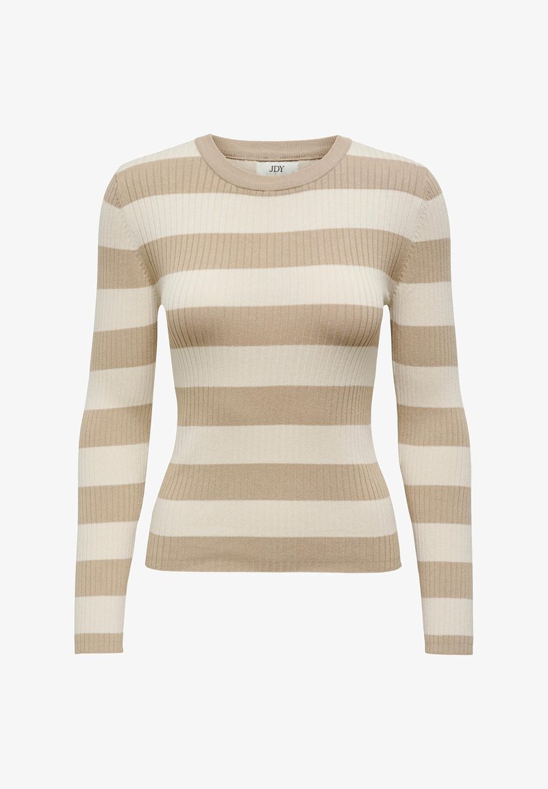 Vaaleanbeige raidoitettu neulepaita tummanbeigeillä vaakaraitoilla, pitkät hihat ja pyöreä kaula-aukko. Sileä pinta, tiukka malli.