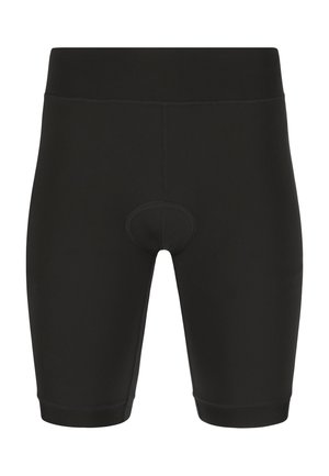 Zwarte gewatteerde fietsshorts met een hoge tailleband en knie-lange pijpen, ontworpen voor comfort en ondersteuning tijdens het fietsen.
